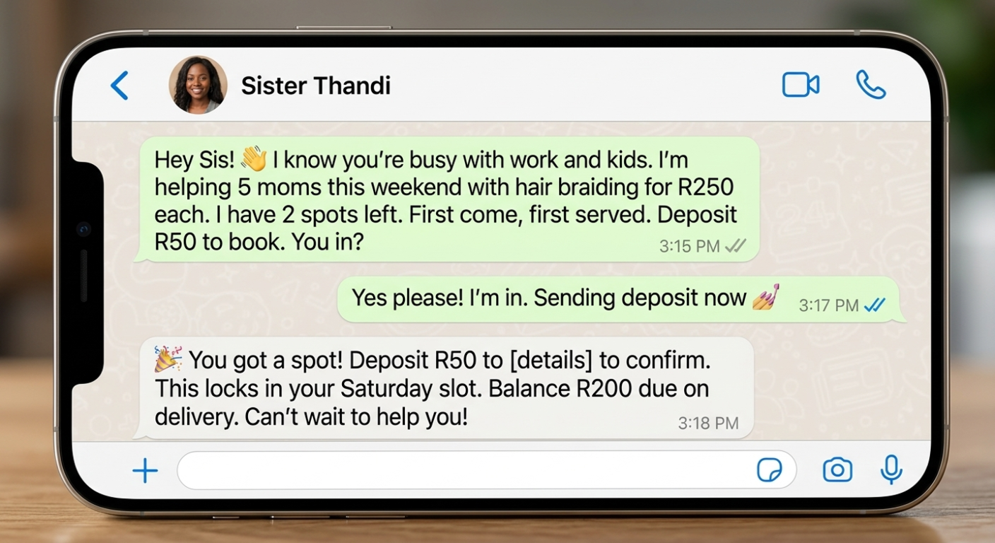 Realistic WhatsApp chat showing exact messaging sequence that converts neighbors into paying clients
