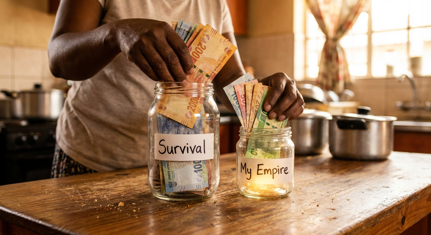 Hands splitting money into a Survival jar and an Empire jar