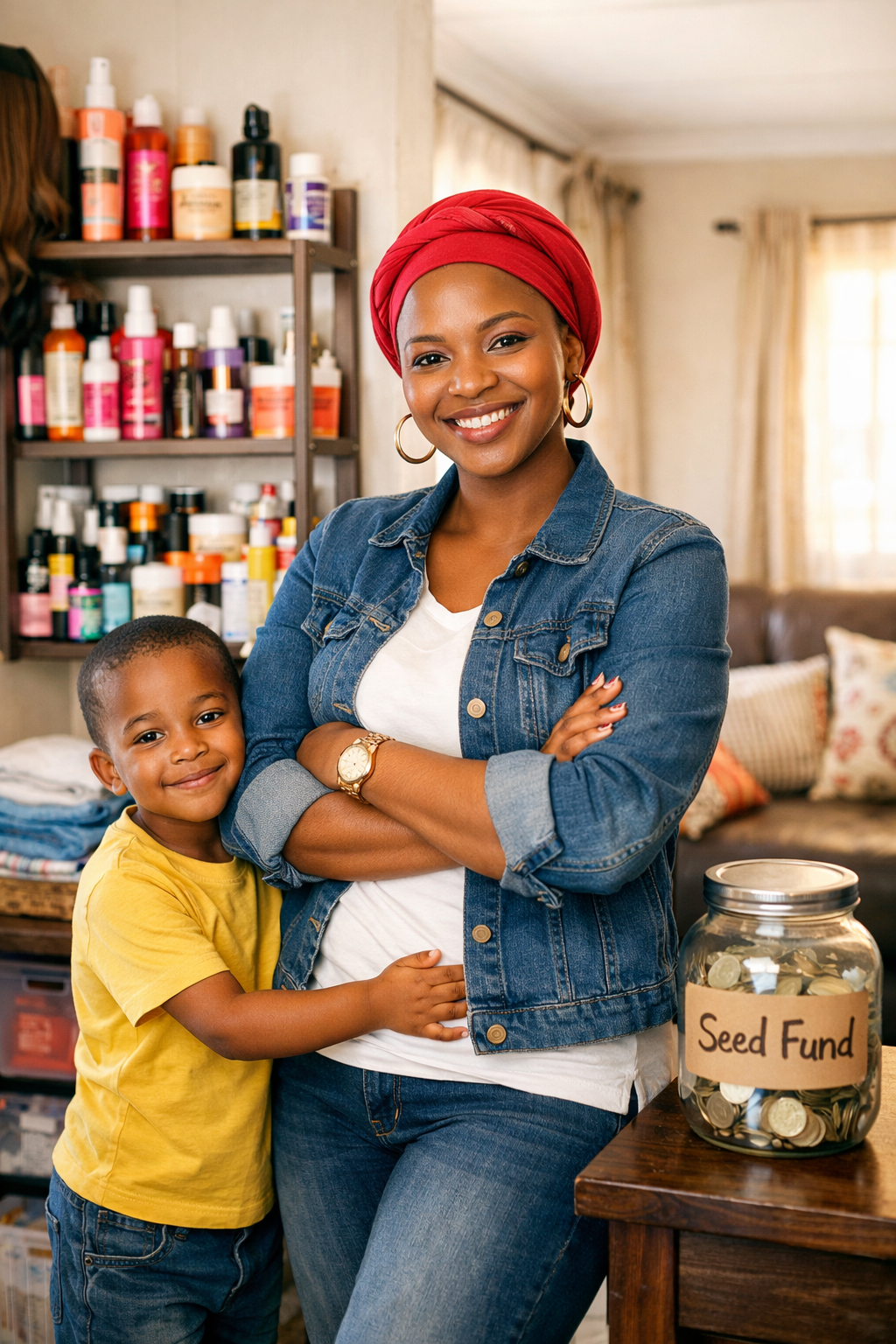 A confident South African mother standing proudly in her home business with a seed fund jar